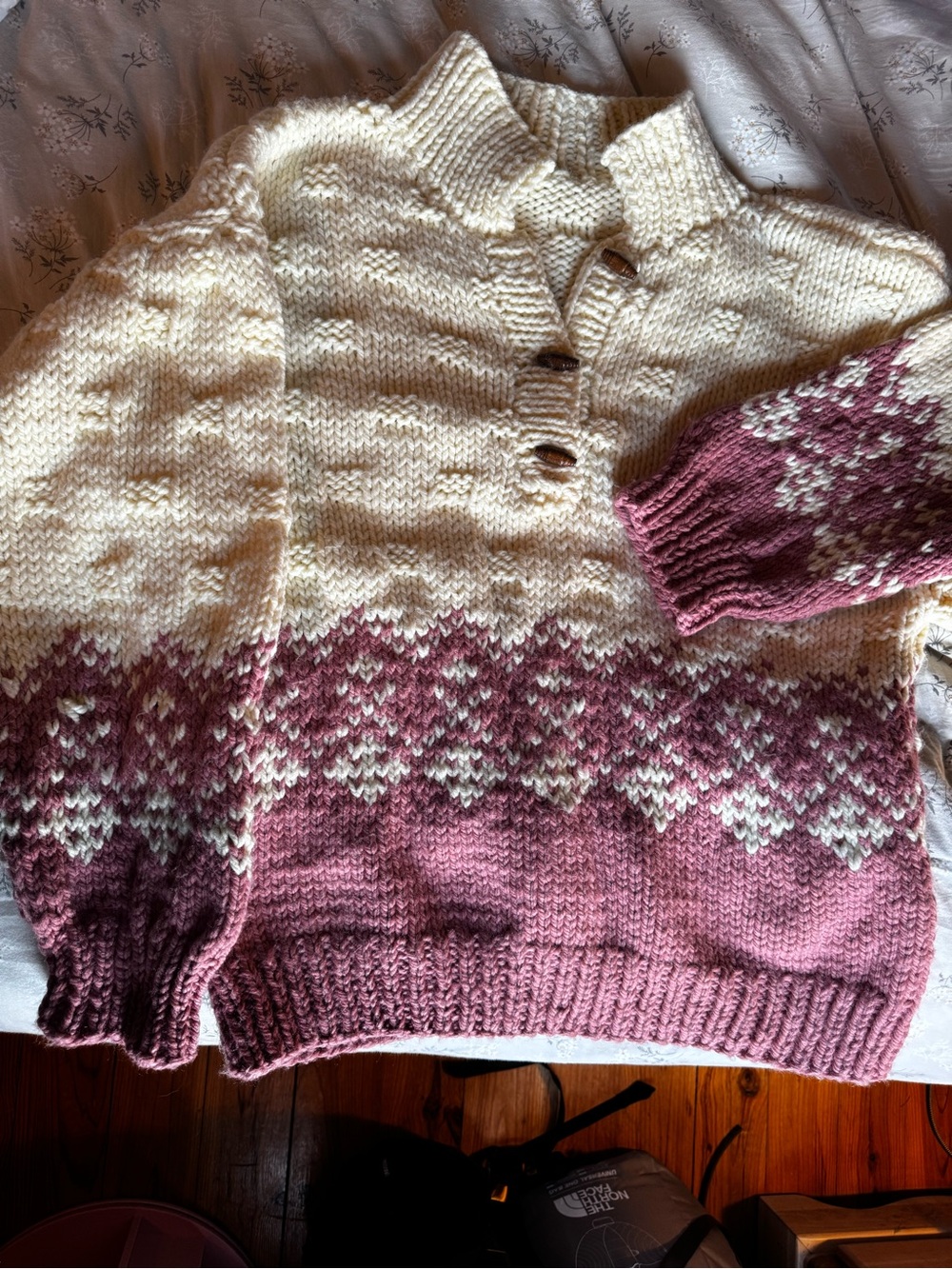 Cream and Dusty Rose Knit Pullover Sweater